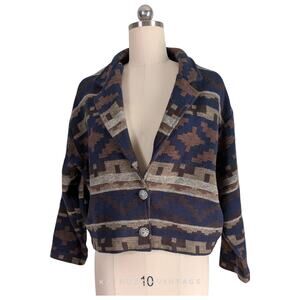 Vintage Southwestern Jacket Blazer M Brown Blue Western Geometric Print Woven